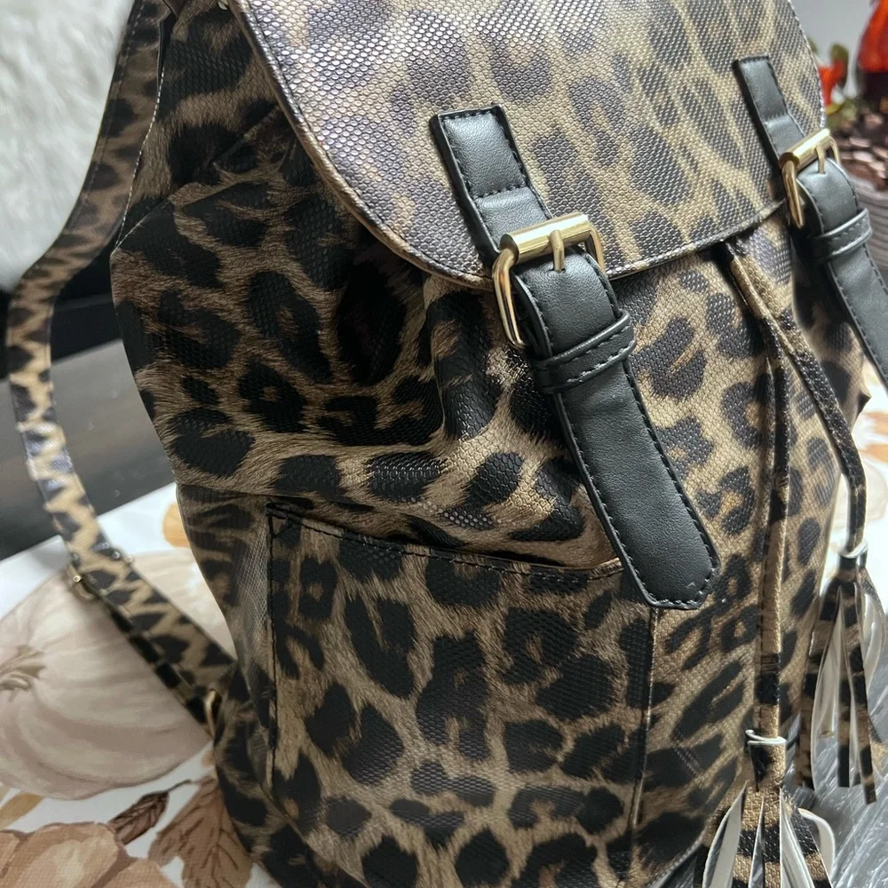 Chic Leopard Print Backpack with Black Details